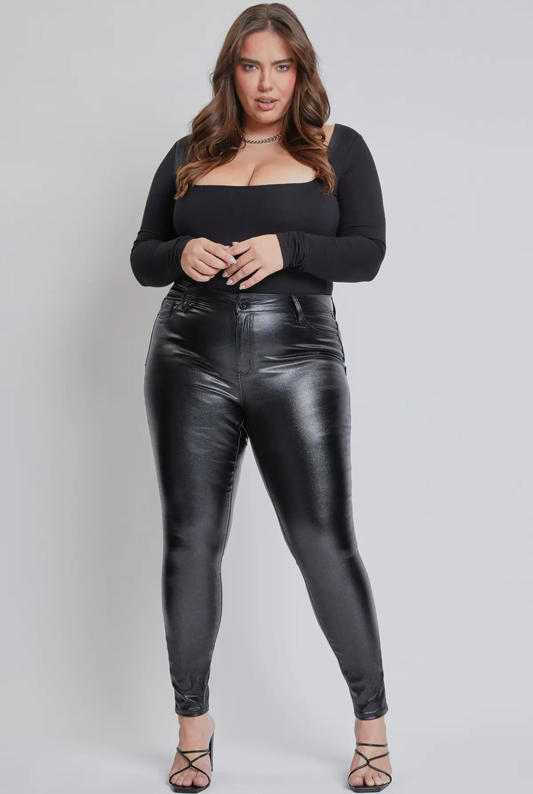 Jazzy YMI High Rise Metallic Skinny Jeans, Black-Pants-Inspired by Justeen-Women's Clothing Boutique in Chicago, Illinois