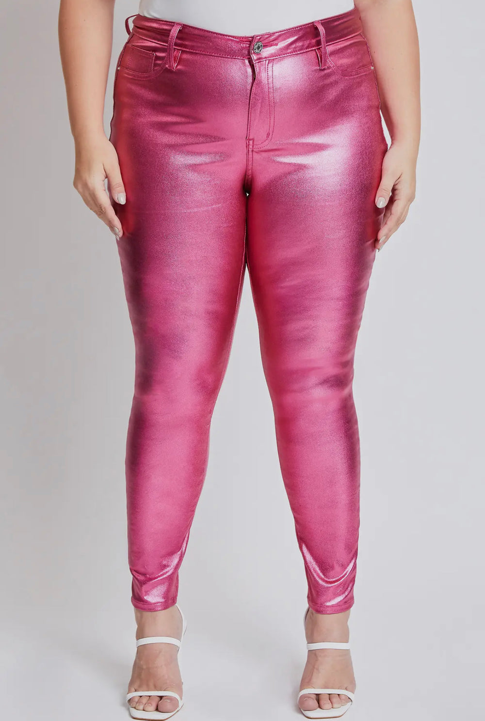 Jazzy YMI High Rise Metallic Skinny Jeans, Hot Pink-Pants-Inspired by Justeen-Women's Clothing Boutique in Chicago, Illinois