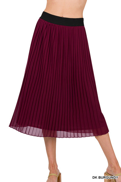 Roxanne Chiffon Pleated Midi Skirt, Dark Burgundy-Skirts-Inspired by Justeen-Women's Clothing Boutique in Chicago, Illinois