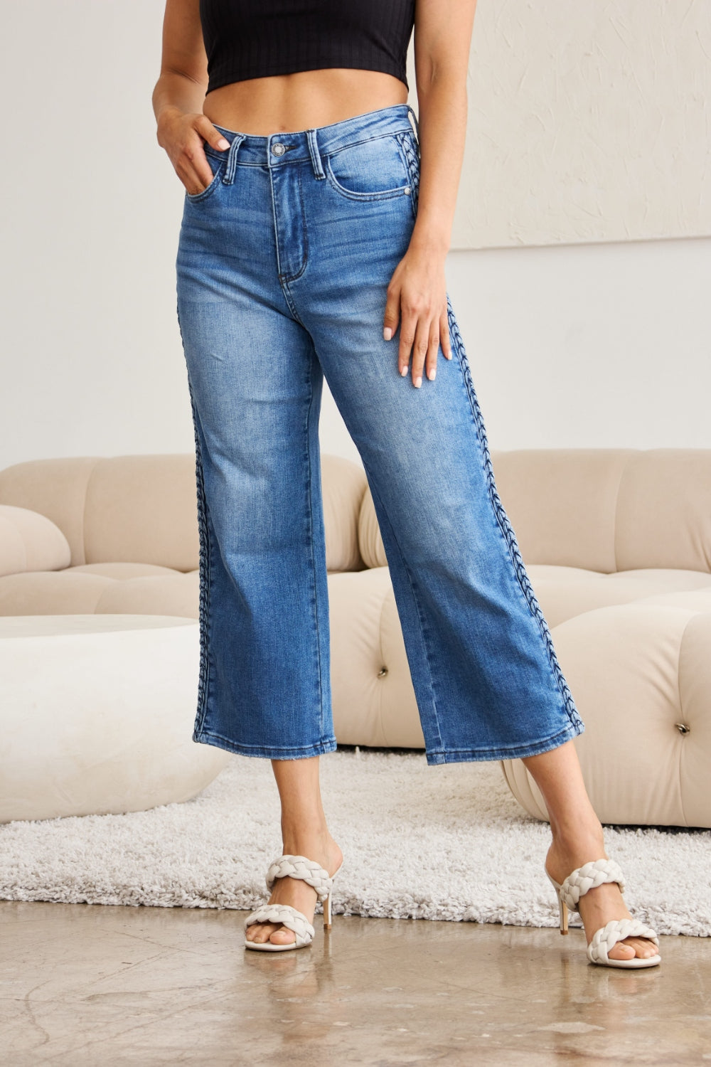Judy Blue Full Size Braid Side Detail Wide Leg Jeans-Denim-Inspired by Justeen-Women's Clothing Boutique in Chicago, Illinois