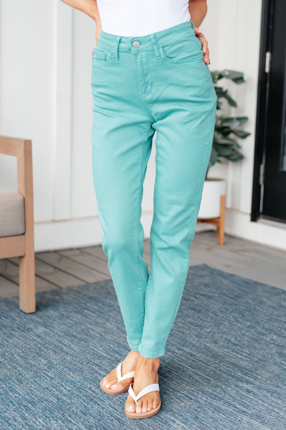 Bridgette High Rise Garment Dyed Slim Jeans in Aquamarine-Denim-Inspired by Justeen-Women's Clothing Boutique in Chicago, Illinois