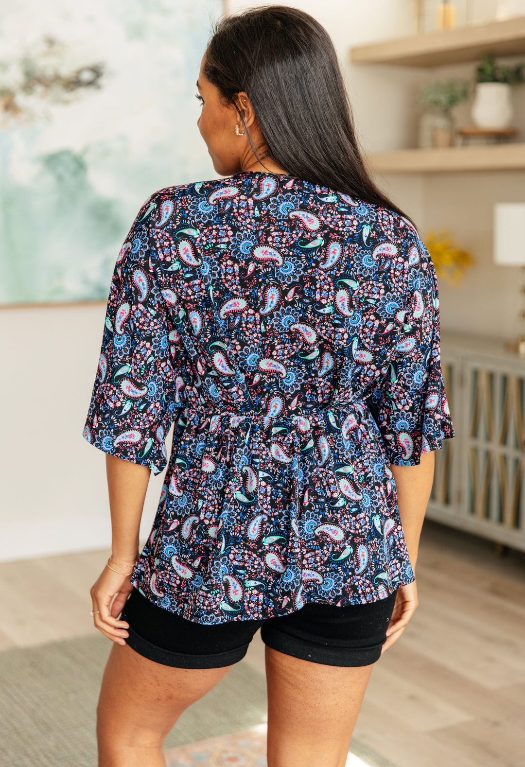 Dreamer Top in Black and Periwinkle Paisley-Long Sleeve Tops-Inspired by Justeen-Women's Clothing Boutique in Chicago, Illinois