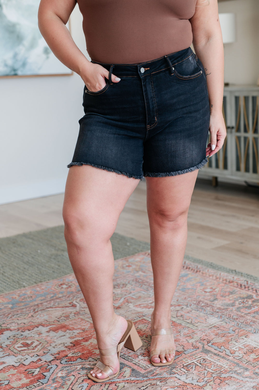 Ember High Rise Control Top Fray Hem Shorts-Denim-Inspired by Justeen-Women's Clothing Boutique in Chicago, Illinois