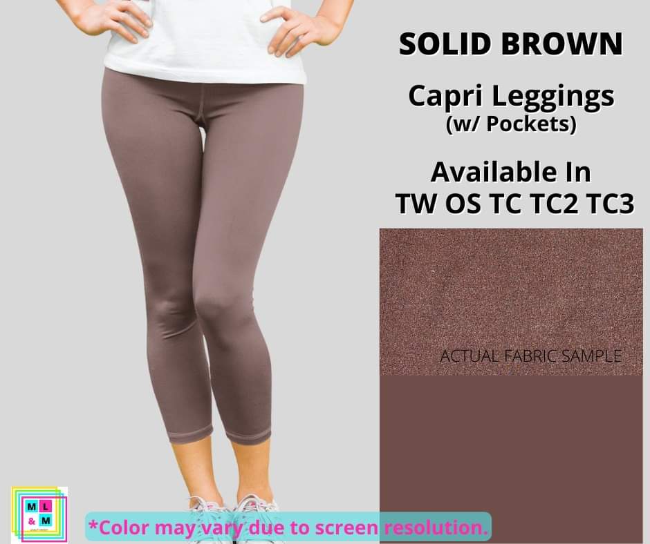 Solid Brown Capri Leggings w/ Pockets-Leggings-Inspired by Justeen-Women's Clothing Boutique in Chicago, Illinois