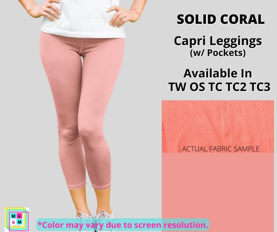 Solid Coral Capri Leggings w/ Pockets-Leggings-Inspired by Justeen-Women's Clothing Boutique in Chicago, Illinois