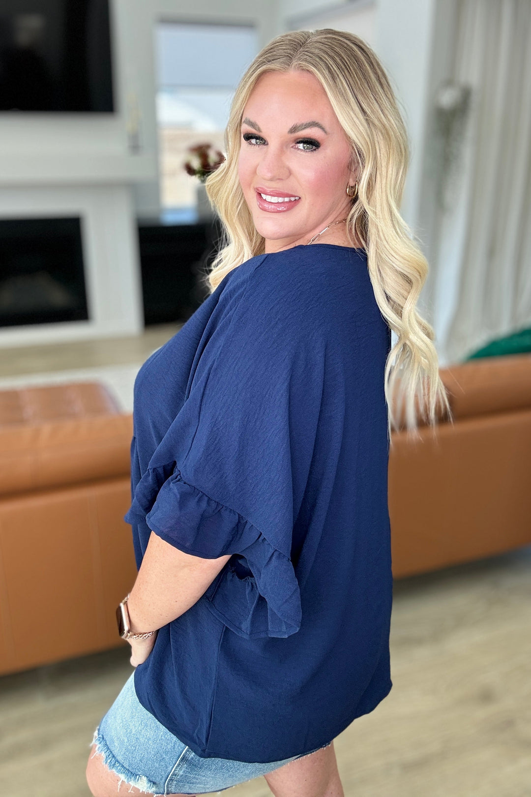 Airflow Peplum Ruffle Sleeve Top in Navy-Short Sleeve Tops-Inspired by Justeen-Women's Clothing Boutique in Chicago, Illinois