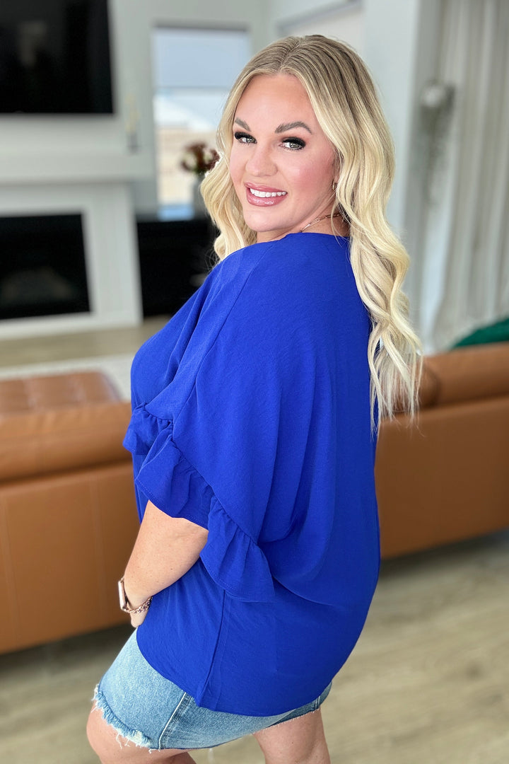 Airflow Peplum Ruffle Sleeve Top in Royal Blue-Short Sleeve Tops-Inspired by Justeen-Women's Clothing Boutique in Chicago, Illinois
