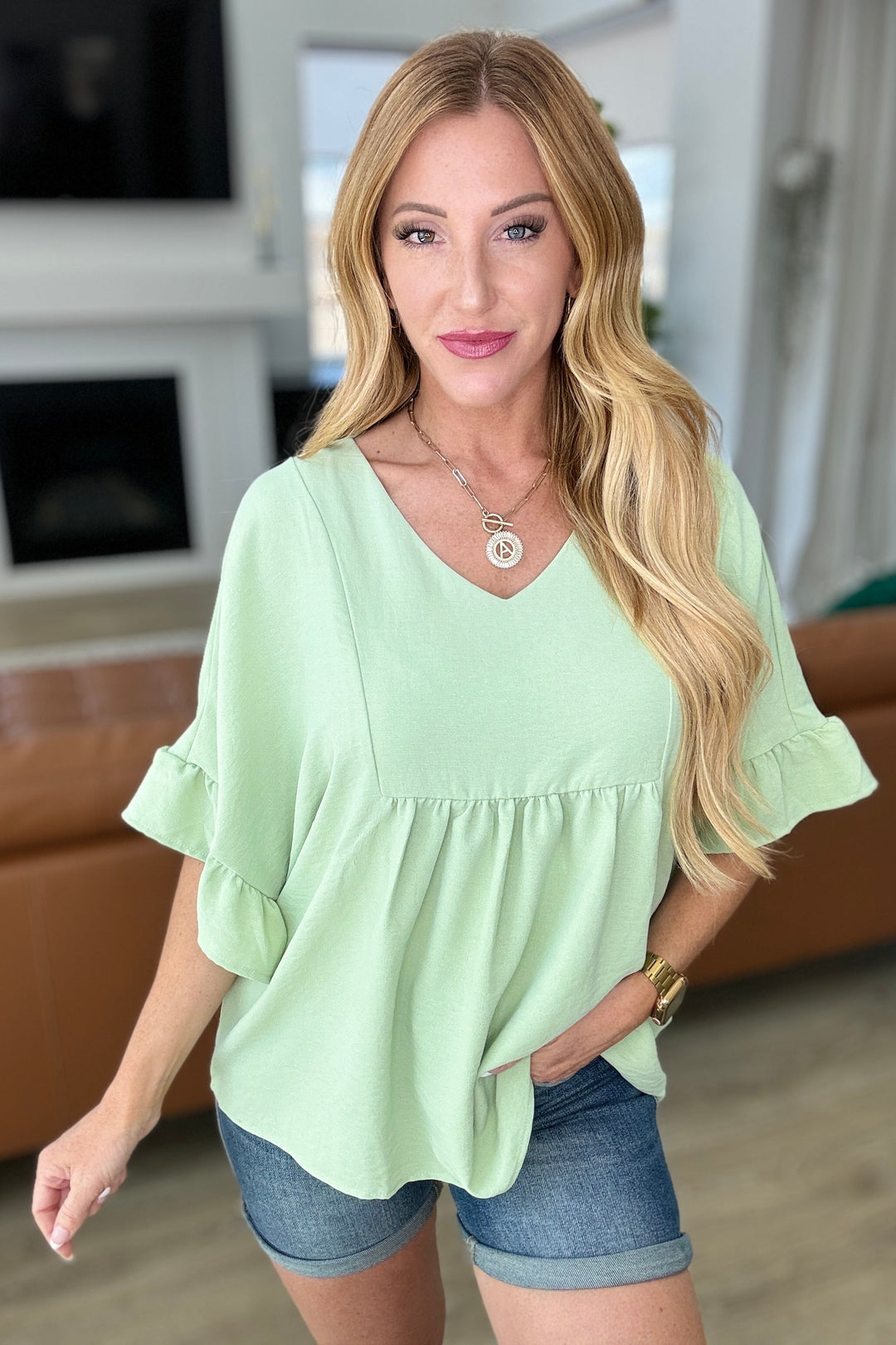 Airflow Peplum Ruffle Sleeve Top in Sage-Short Sleeve Tops-Inspired by Justeen-Women's Clothing Boutique in Chicago, Illinois