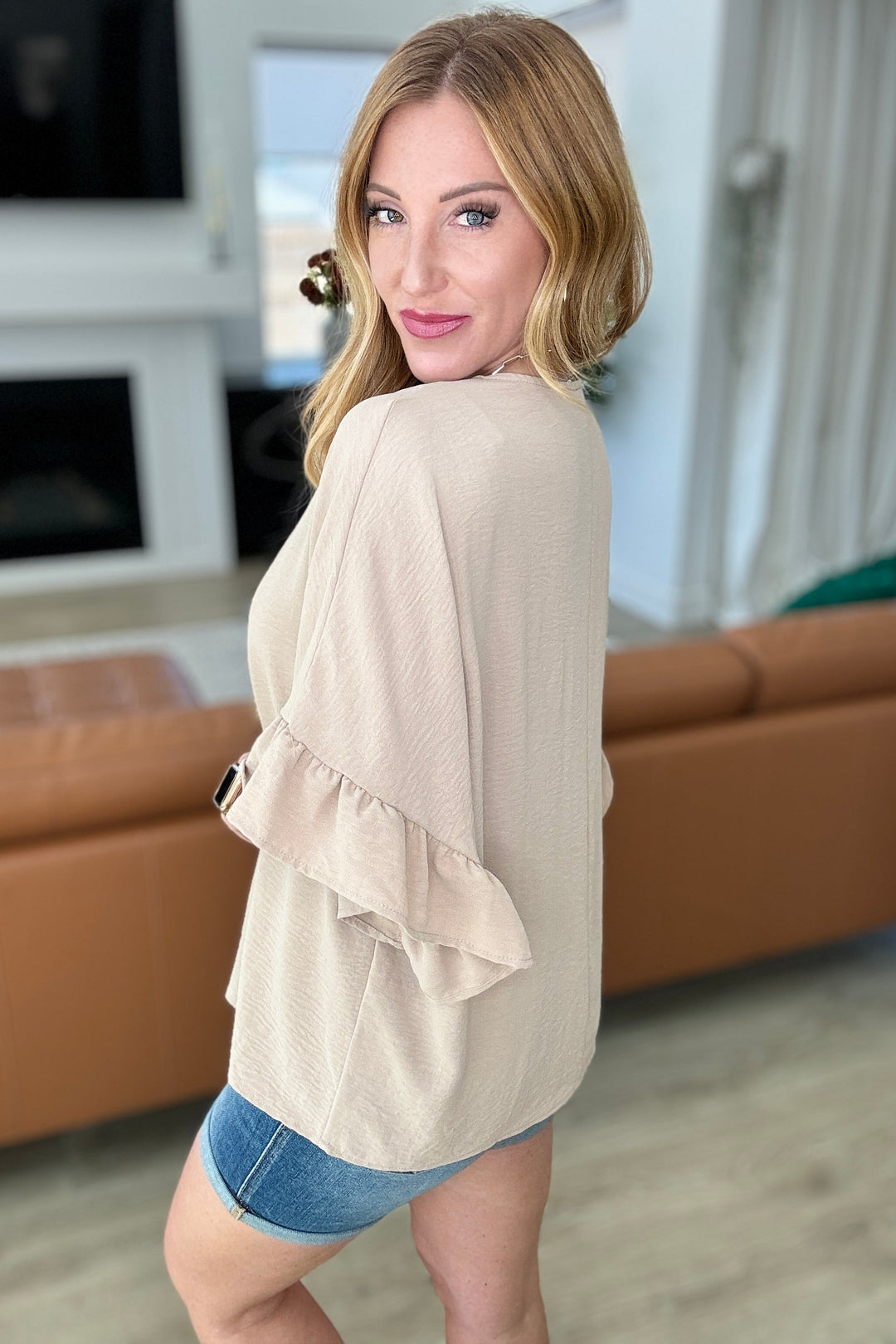 Airflow Peplum Ruffle Sleeve Top in Taupe-Short Sleeve Tops-Inspired by Justeen-Women's Clothing Boutique in Chicago, Illinois