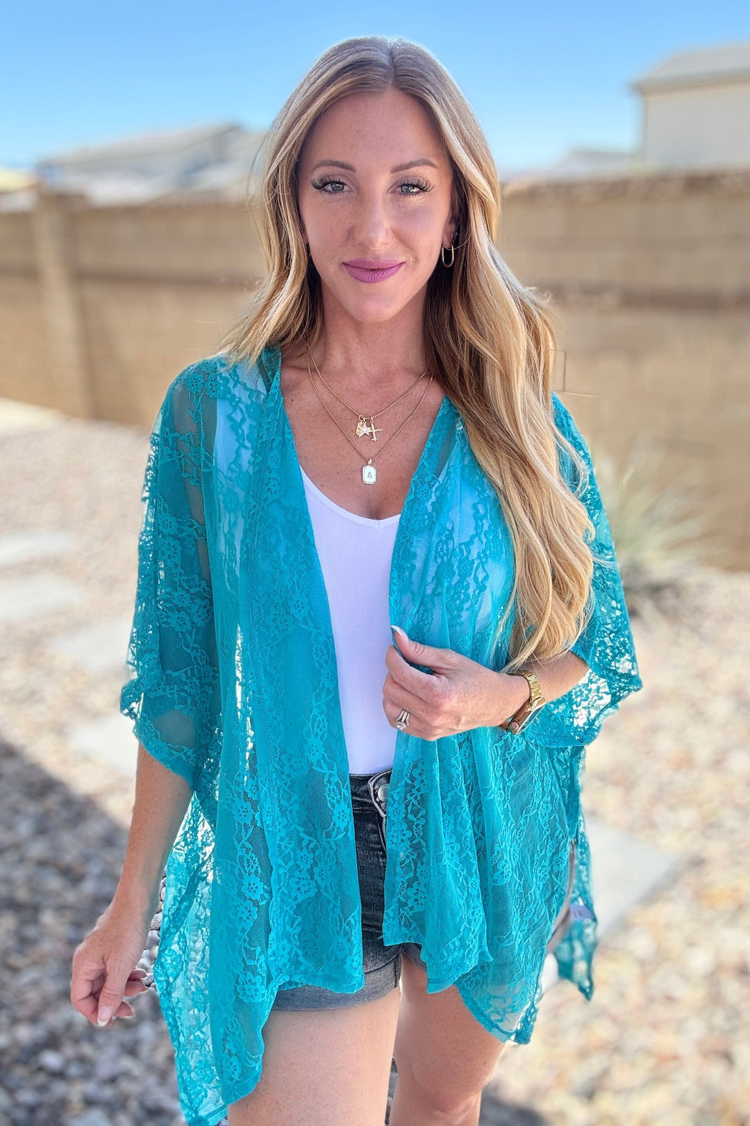 Good Days Ahead Lace Kimono In Teal-Cardigans + Kimonos-Inspired by Justeen-Women's Clothing Boutique in Chicago, Illinois