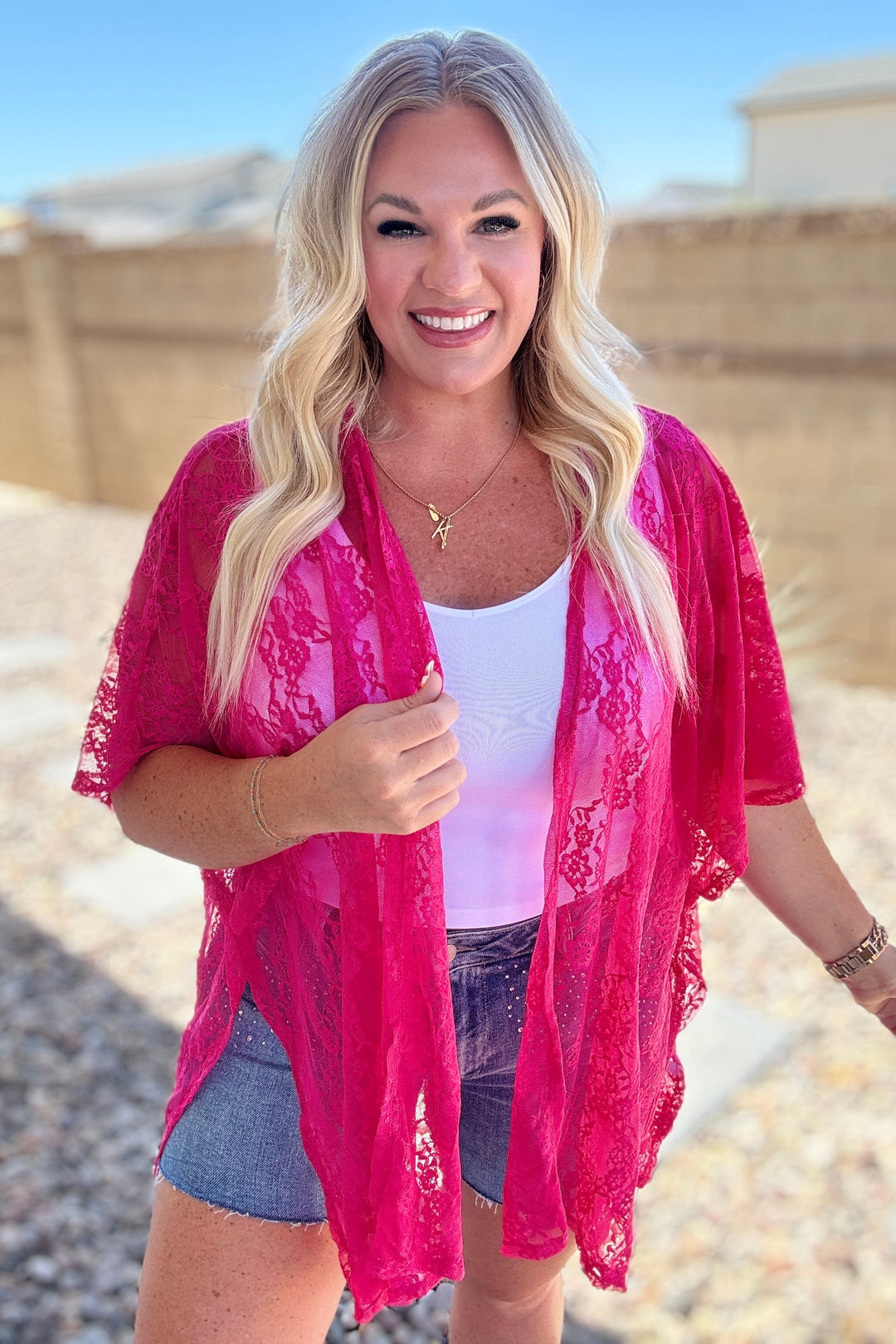 Good Days Ahead Lace Kimono In Fuchsia-Cardigans + Kimonos-Inspired by Justeen-Women's Clothing Boutique in Chicago, Illinois