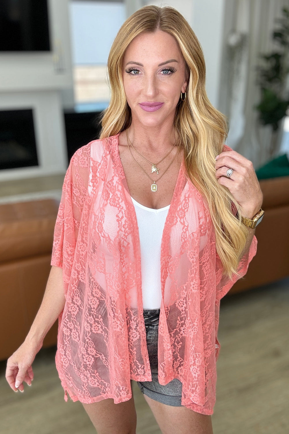 Good Days Ahead Lace Kimono In Coral-Cardigans + Kimonos-Inspired by Justeen-Women's Clothing Boutique in Chicago, Illinois
