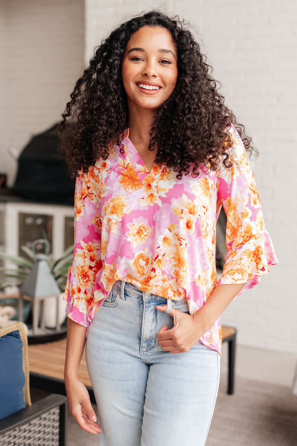 Lizzy Bell Sleeve Top in Pink and Gold Floral-Tops-Inspired by Justeen-Women's Clothing Boutique in Chicago, Illinois