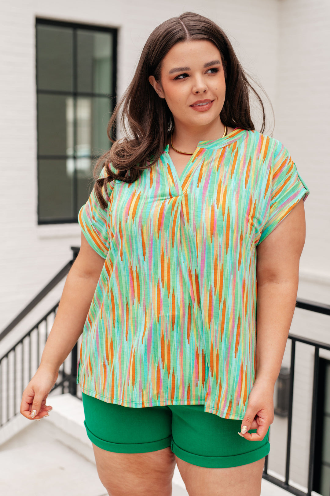 Lizzy Cap Sleeve Top in Lime and Emerald Multi Stripe-Tops-Inspired by Justeen-Women's Clothing Boutique in Chicago, Illinois
