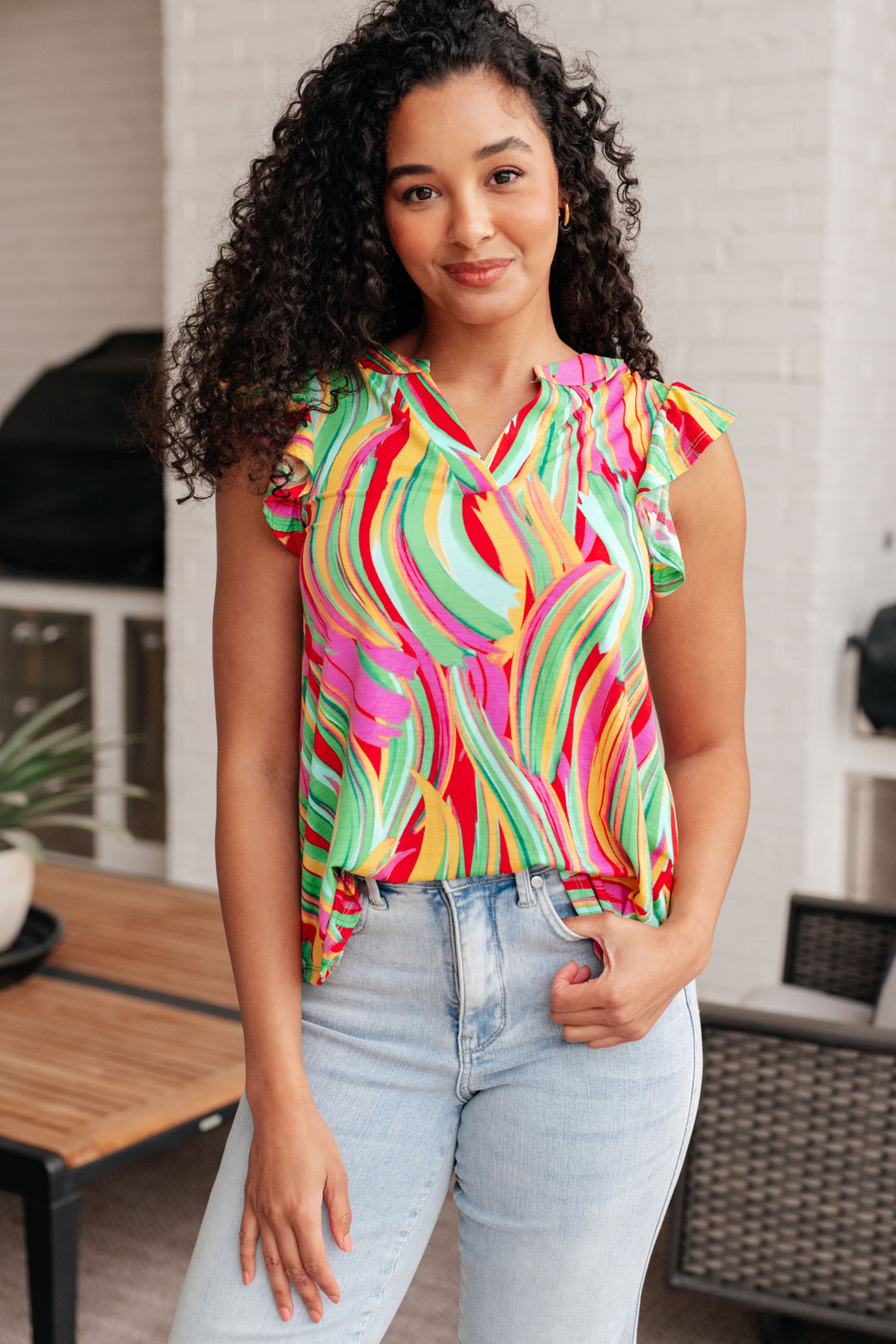 Lizzy Flutter Sleeve Top in Green Multi Abstract Stripe-Short Sleeve Tops-Inspired by Justeen-Women's Clothing Boutique in Chicago, Illinois