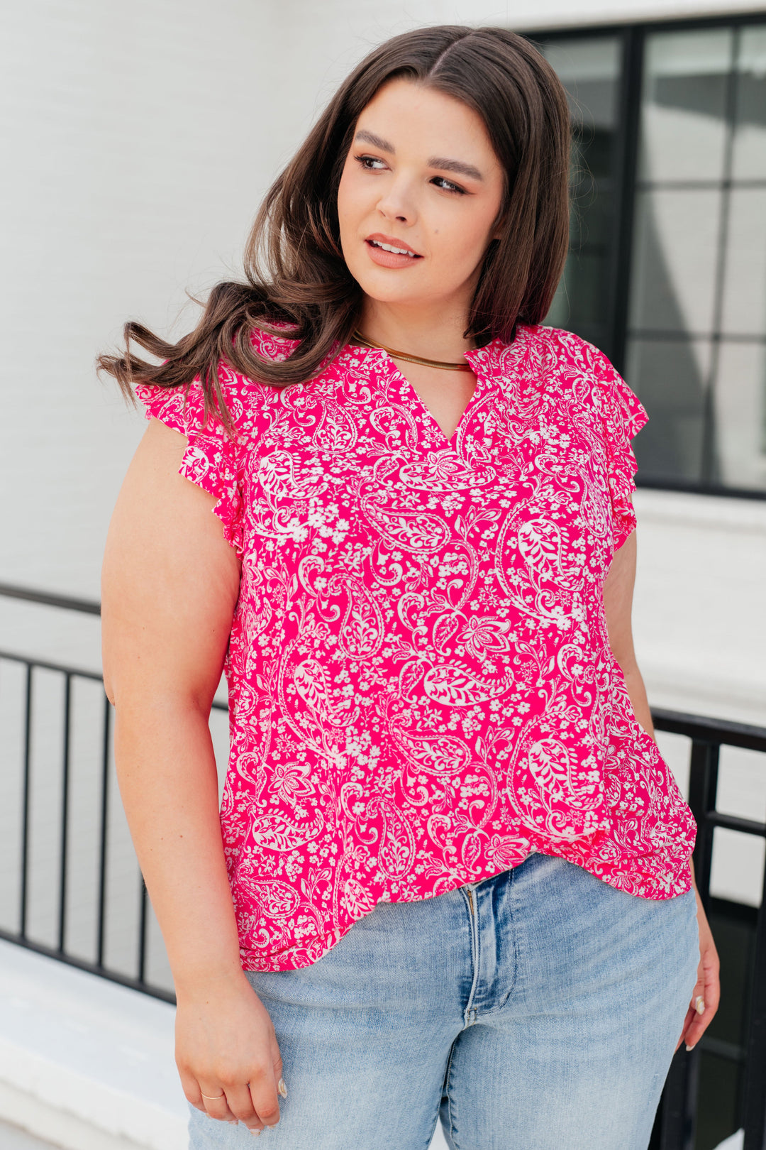 Lizzy Flutter Sleeve Top in Hot Pink and White Floral-Short Sleeve Tops-Inspired by Justeen-Women's Clothing Boutique in Chicago, Illinois