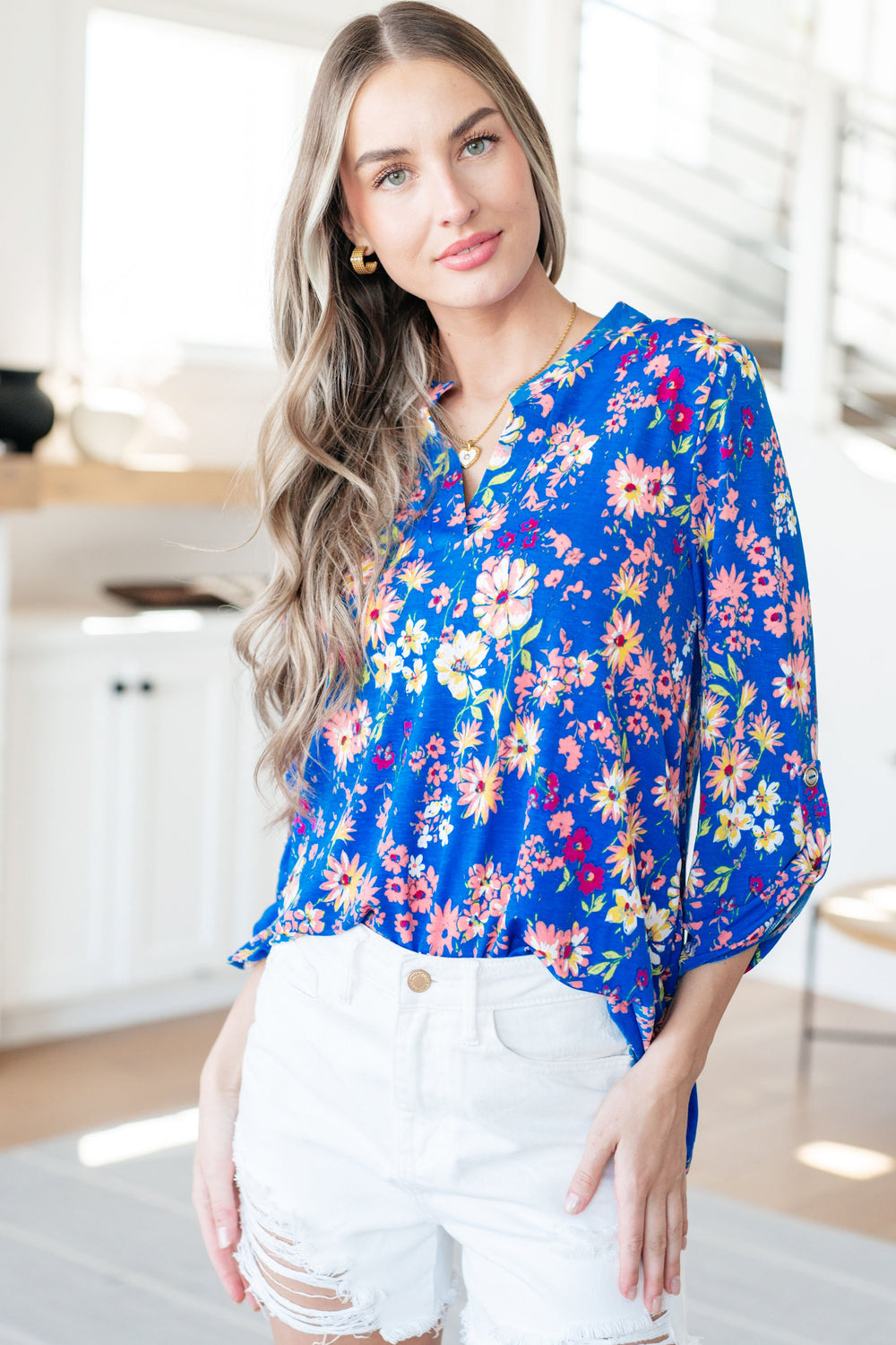 Lizzy Top in Royal and Blush Floral-Short Sleeve Tops-Inspired by Justeen-Women's Clothing Boutique in Chicago, Illinois