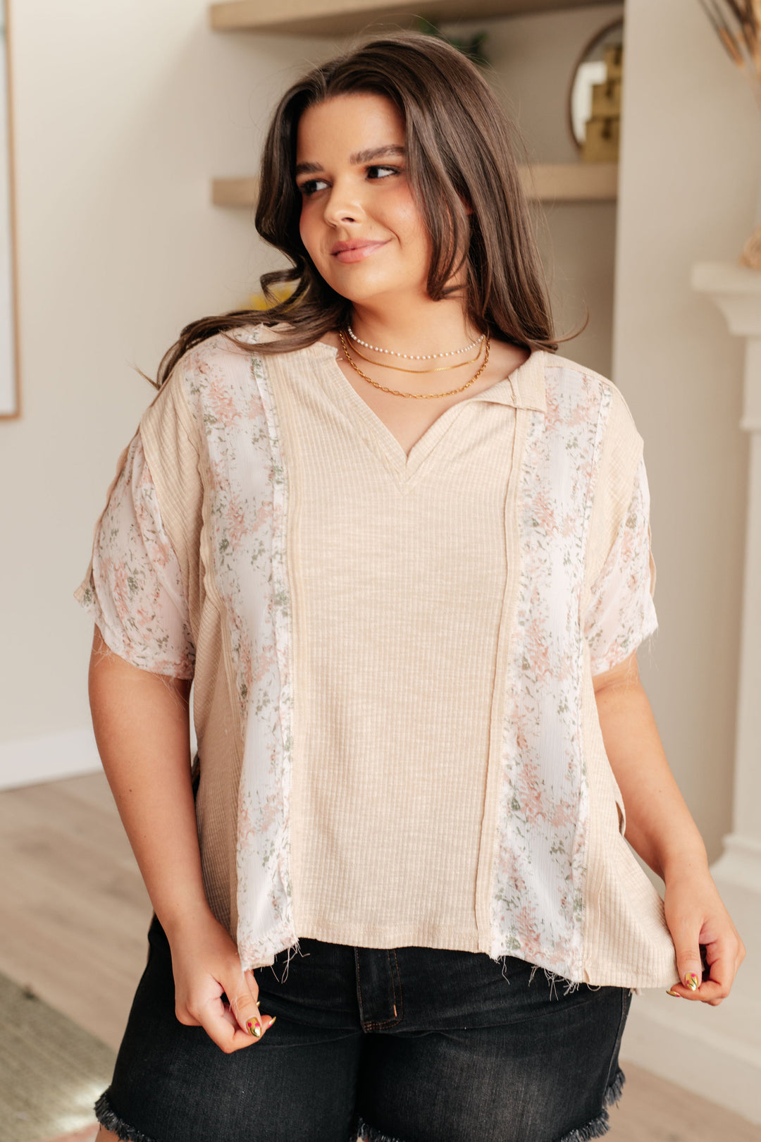 Mention Me Floral Accent Top in Toasted Almond-Short Sleeve Tops-Inspired by Justeen-Women's Clothing Boutique in Chicago, Illinois