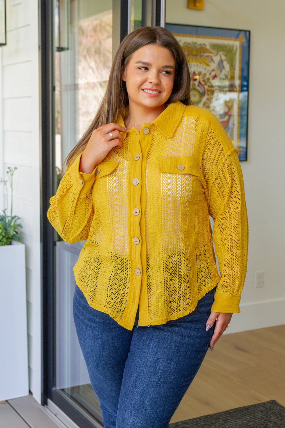 Sweeter Than Nectar Lace Button Down in Honey-Long Sleeve Tops-Inspired by Justeen-Women's Clothing Boutique in Chicago, Illinois