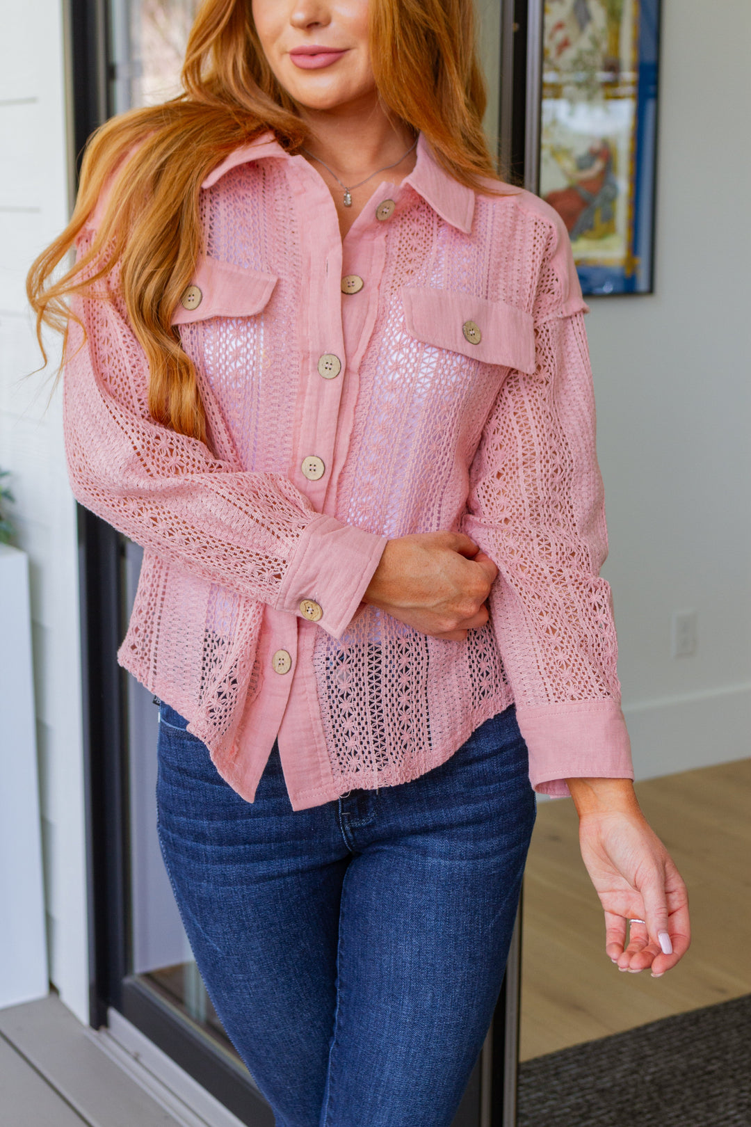 Sweeter Than Nectar Lace Button Down in Rose-Long Sleeve Tops-Inspired by Justeen-Women's Clothing Boutique in Chicago, Illinois