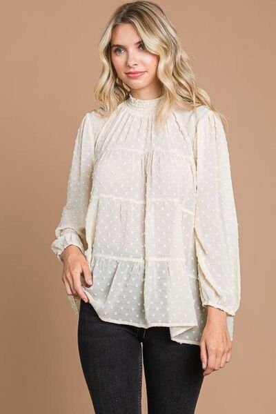 Culture Code Full Size Swiss Dot Smocked Mock Neck Blouse-Long Sleeve Tops-Inspired by Justeen-Women's Clothing Boutique in Chicago, Illinois