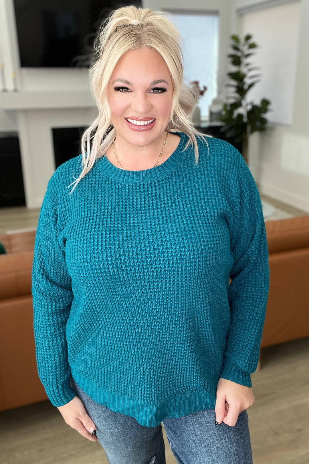 High Low Waffle Knit Sweater in Ocean Teal-Sweaters/Sweatshirts-Inspired by Justeen-Women's Clothing Boutique in Chicago, Illinois