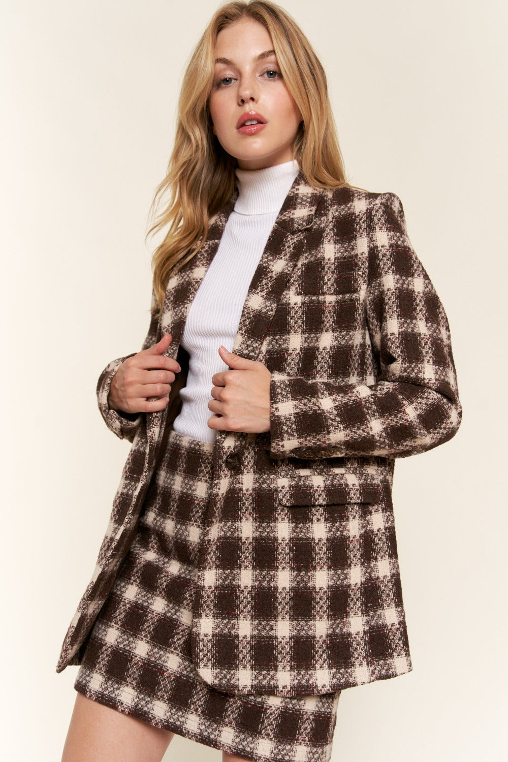 And The Why Full Size Plaid Brushed One Button Blazer-Outerwear-Inspired by Justeen-Women's Clothing Boutique