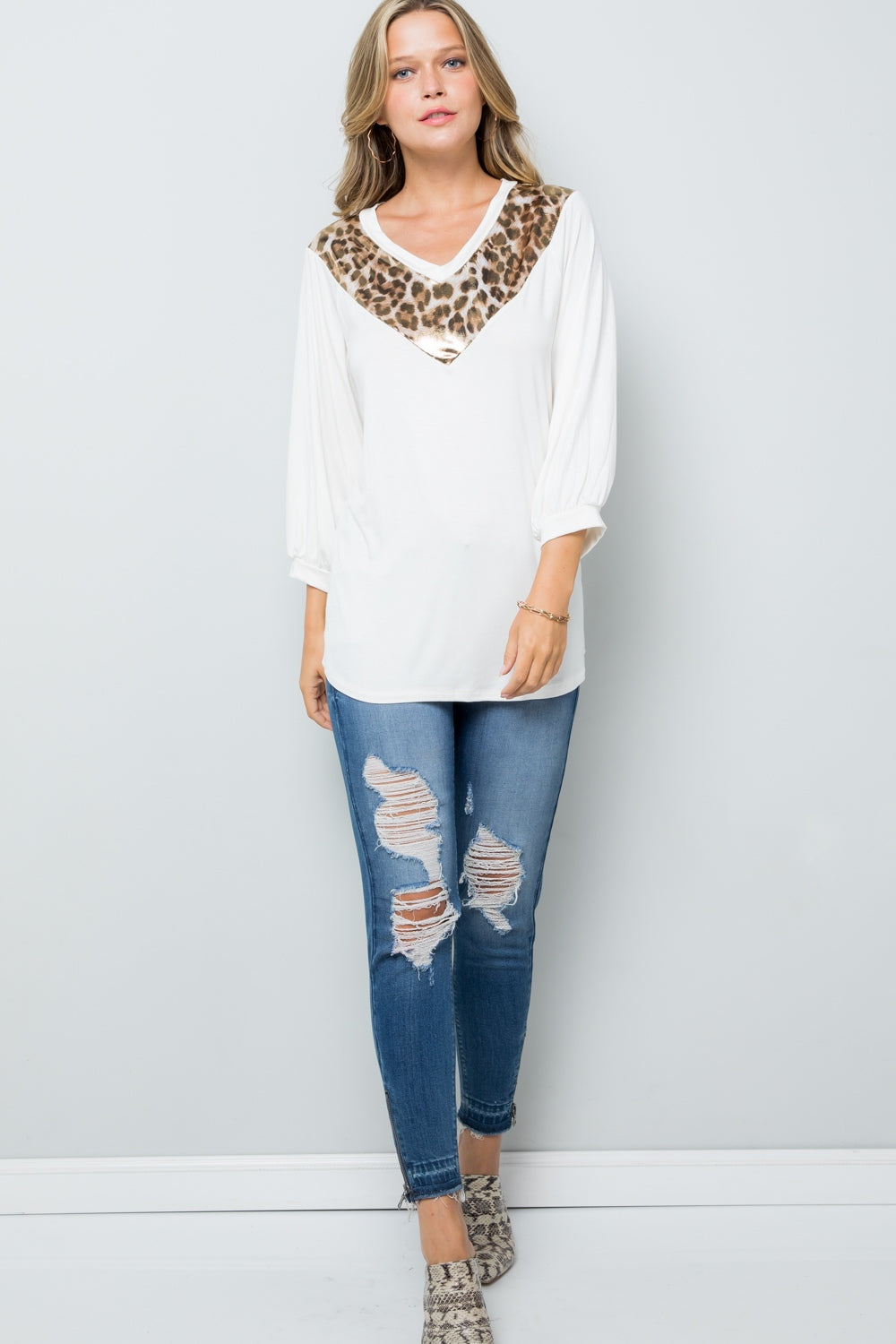 Celeste Full Size Leopard Contrast Balloon Sleeve Top-110 Long Sleeve Tops-Inspired by Justeen-Women's Clothing Boutique