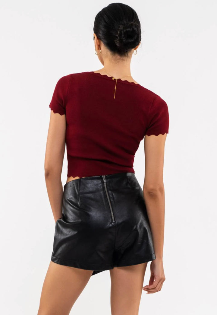 Lela Scallop Edge Knit Top, Rosewood-Short Sleeve Tops-Inspired by Justeen-Women's Clothing Boutique in Chicago, Illinois