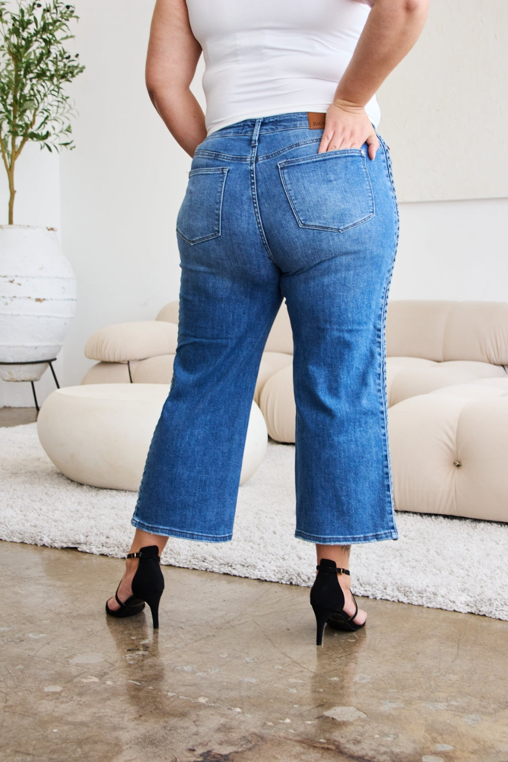 Judy Blue Full Size Braid Side Detail Wide Leg Jeans-Denim-Inspired by Justeen-Women's Clothing Boutique in Chicago, Illinois