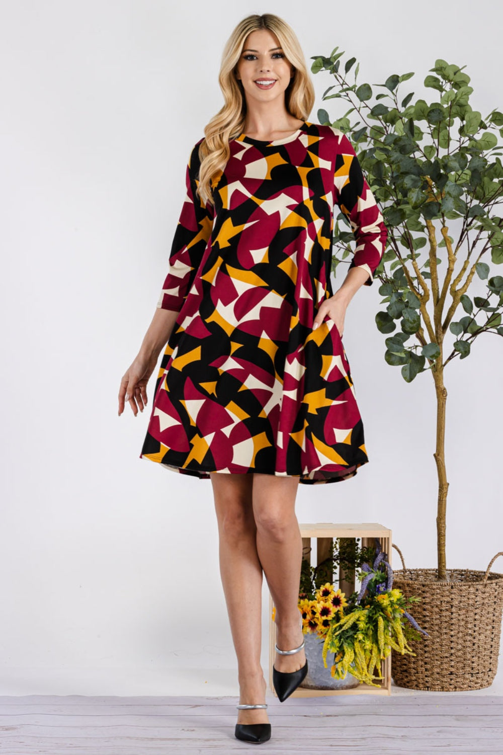 Celeste Full Size Geometric Round Neck Dress with Pockets-Dresses-Inspired by Justeen-Women's Clothing Boutique