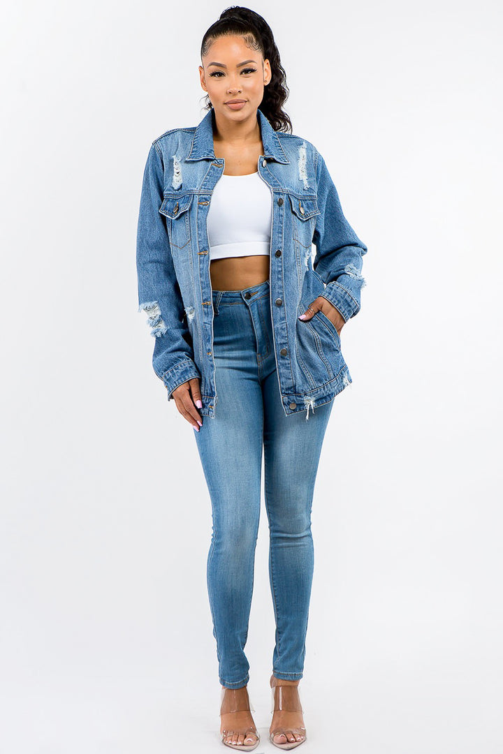 American Bazi Full Size Button Up Distressed Denim Jacket-Outerwear-Inspired by Justeen-Women's Clothing Boutique