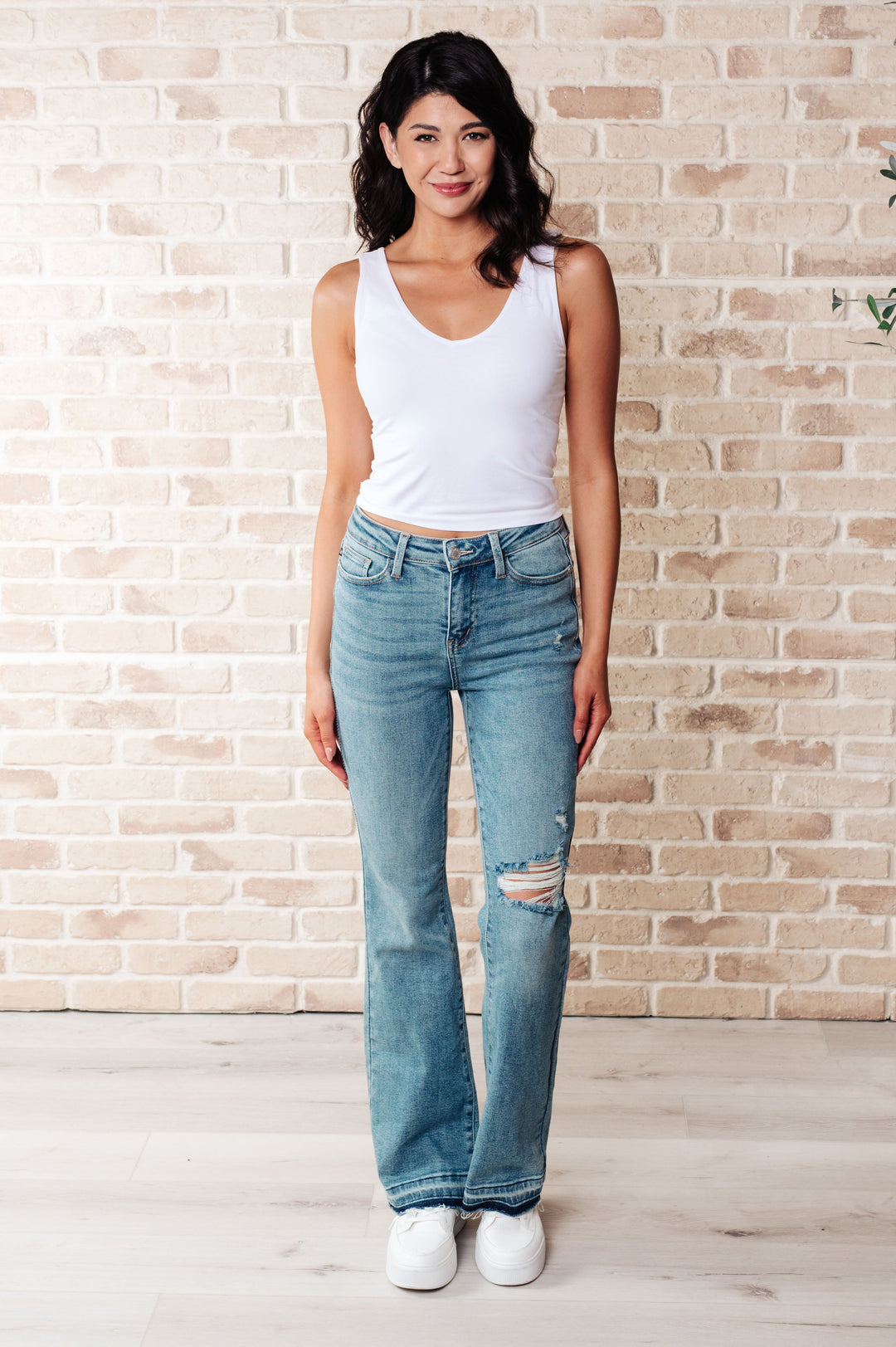 Isla Mid Rise Distressed Released Hem Bootcut Jeans-Denim-Inspired by Justeen-Women's Clothing Boutique