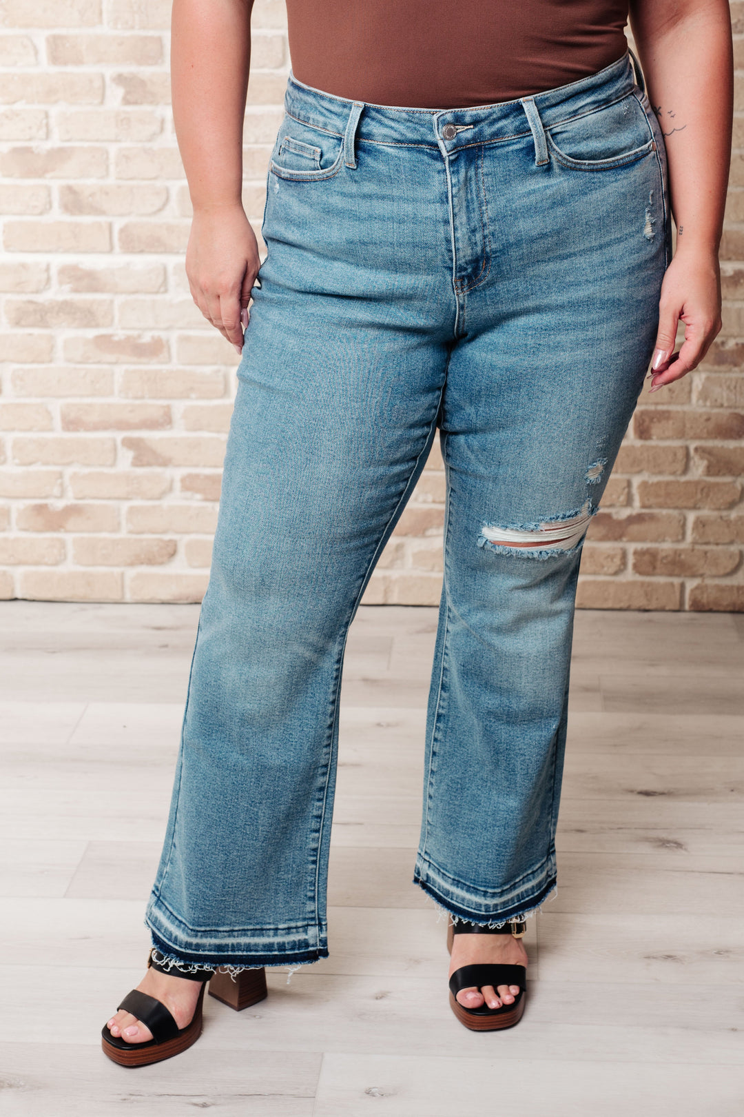 Isla Mid Rise Distressed Released Hem Bootcut Jeans-Denim-Inspired by Justeen-Women's Clothing Boutique