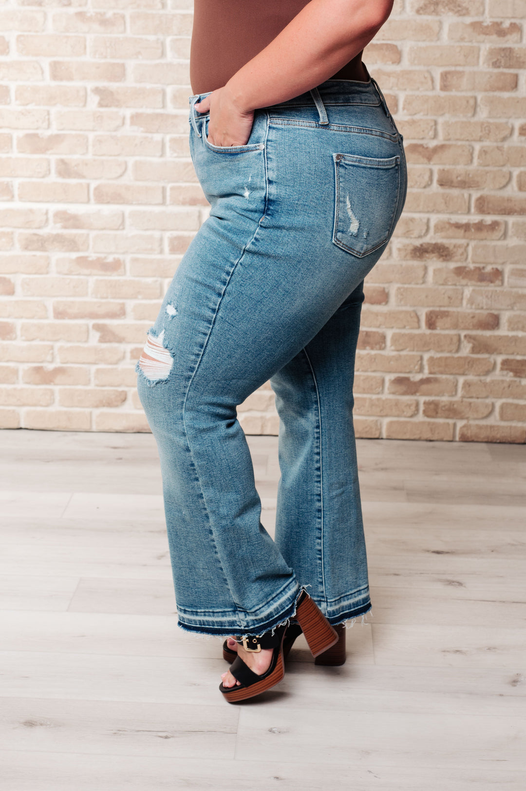 Isla Mid Rise Distressed Released Hem Bootcut Jeans-Denim-Inspired by Justeen-Women's Clothing Boutique