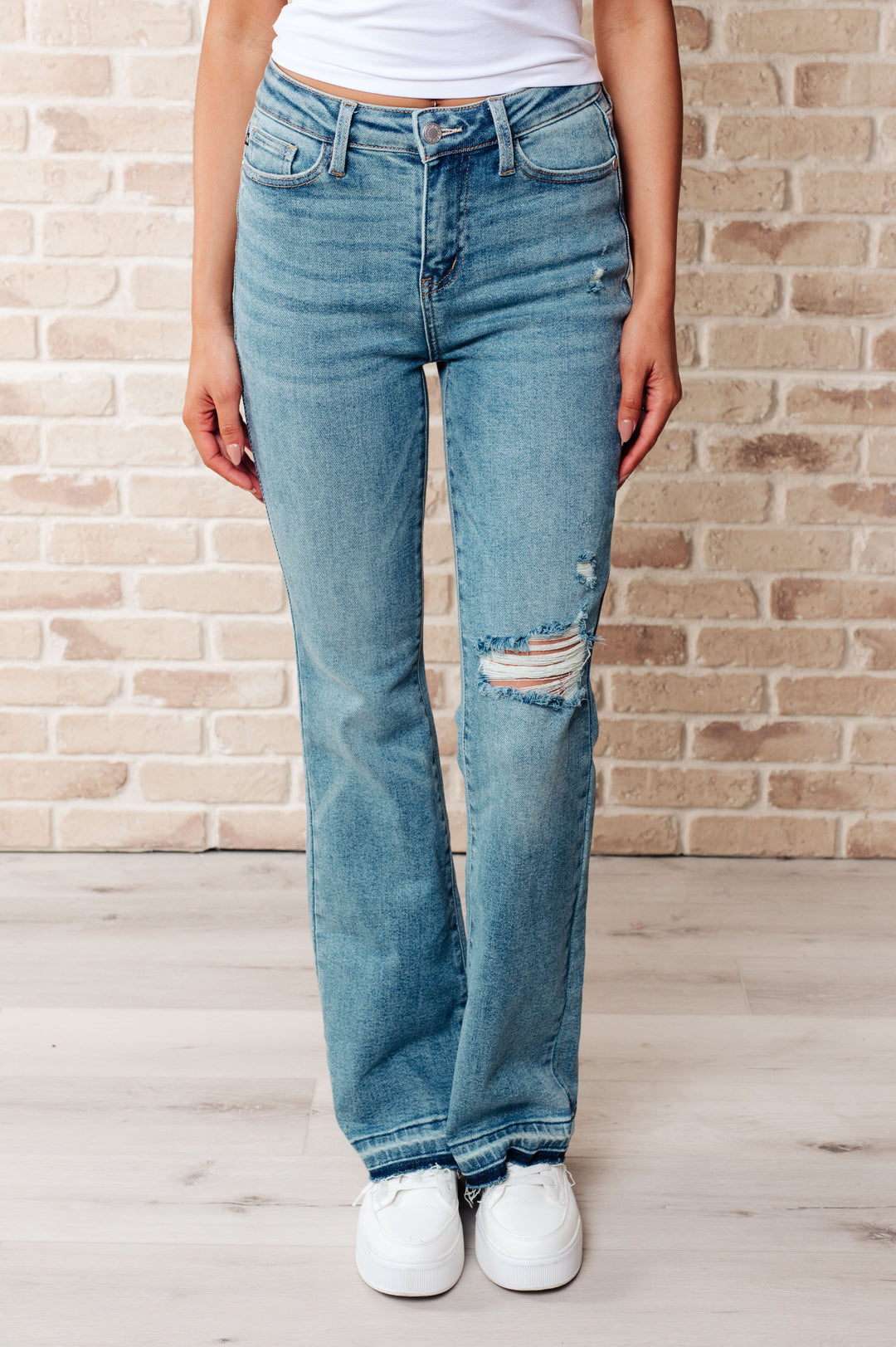 Isla Mid Rise Distressed Released Hem Bootcut Jeans-Denim-Inspired by Justeen-Women's Clothing Boutique