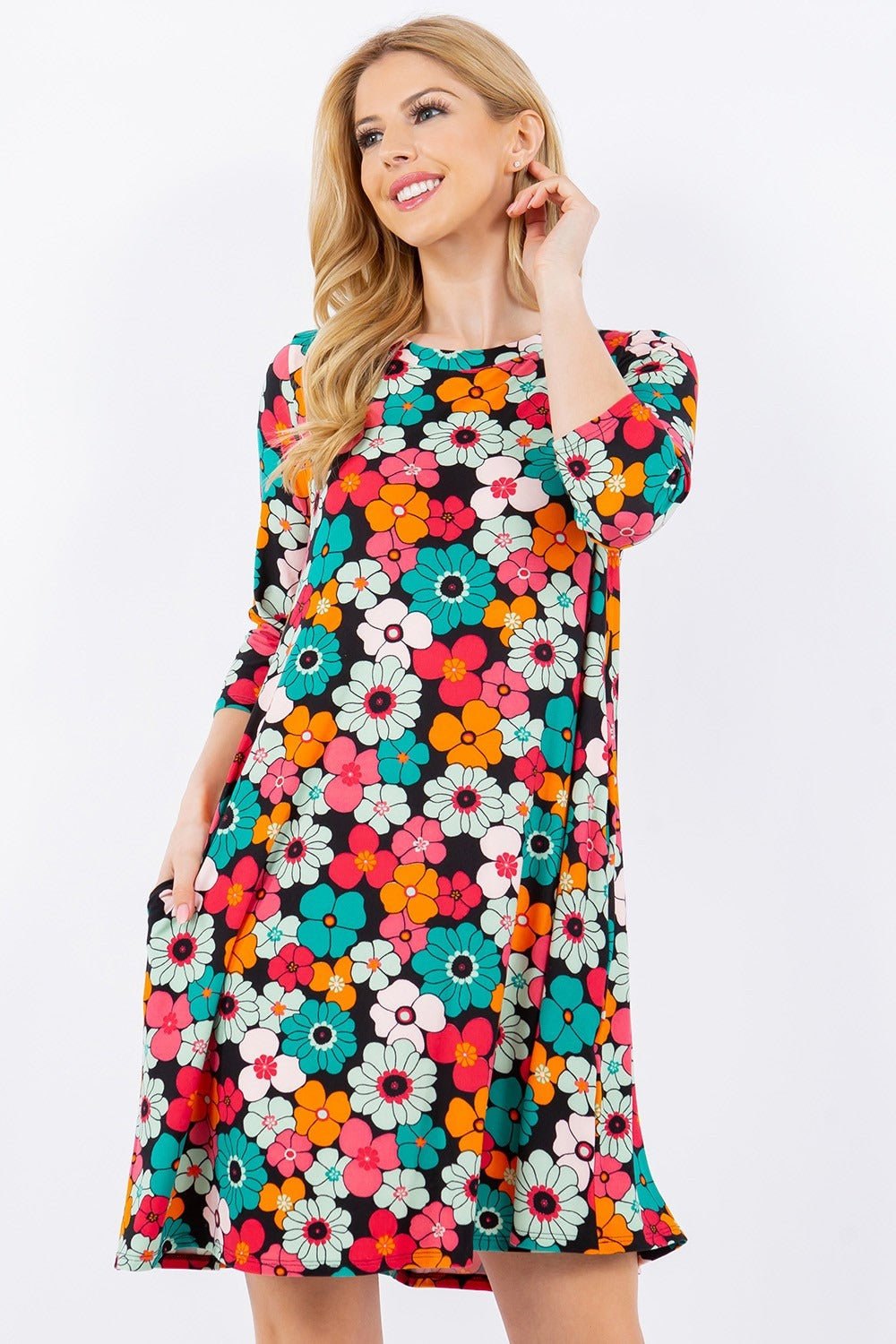 Celeste Full Size Floral Three-Quarter Sleeve Dress with Pockets-Dresses-Inspired by Justeen-Women's Clothing Boutique