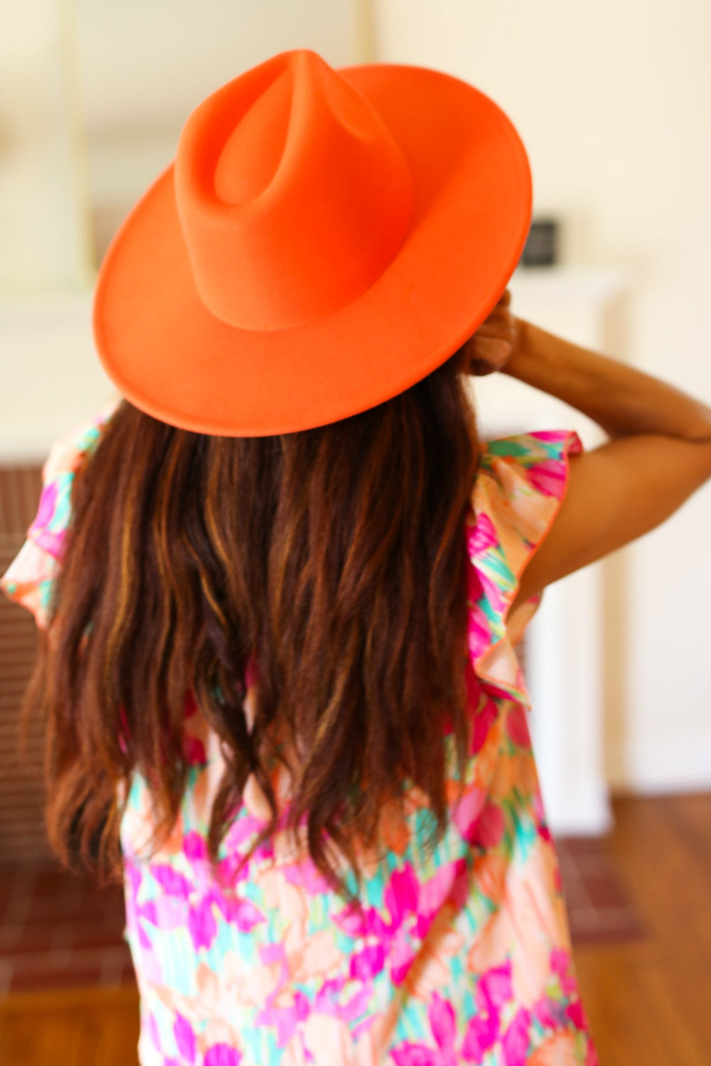 Orange Felt Hard Rim Fedora Hat-Inspired by Justeen-Women's Clothing Boutique in Chicago, Illinois
