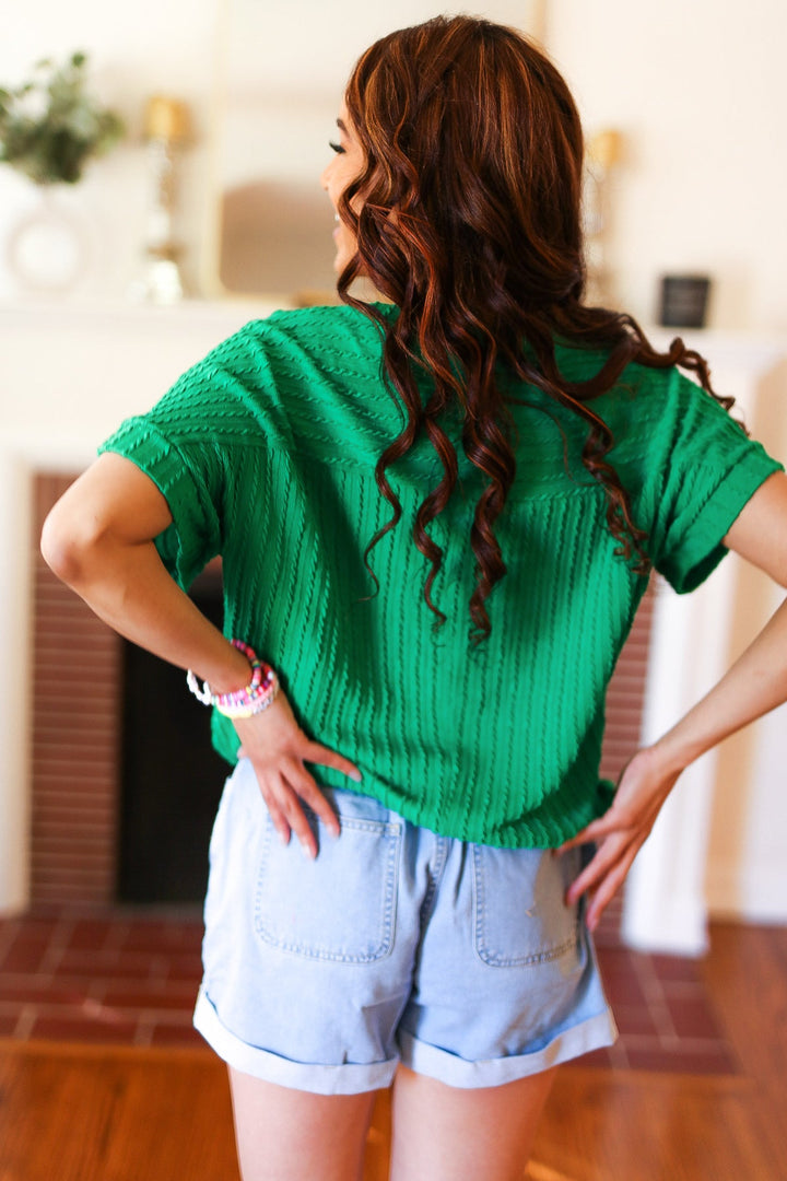 Be Your Best Green Cable Knit Dolman Short Sleeve Sweater Top-Inspired by Justeen-Women's Clothing Boutique in Chicago, Illinois