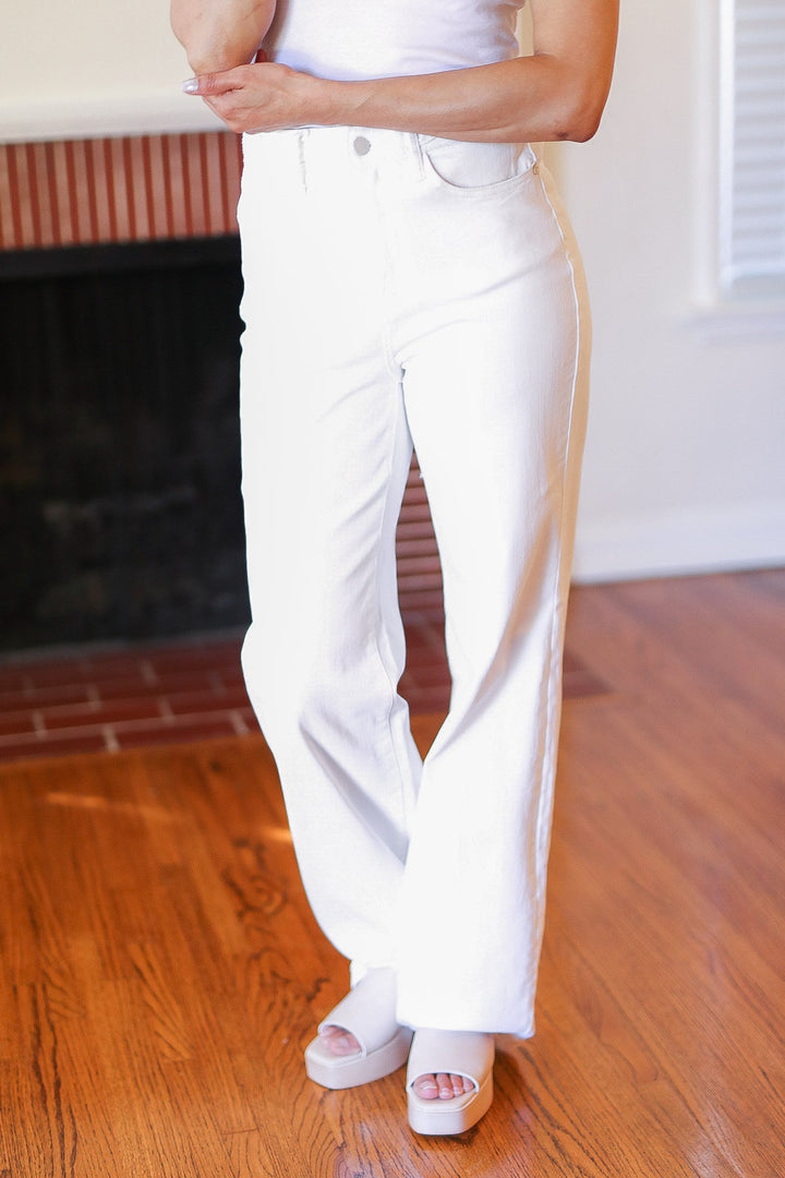 Judy Blue Above & Beyond White Braided Waist Wide Leg Jeans-Inspired by Justeen-Women's Clothing Boutique in Chicago, Illinois