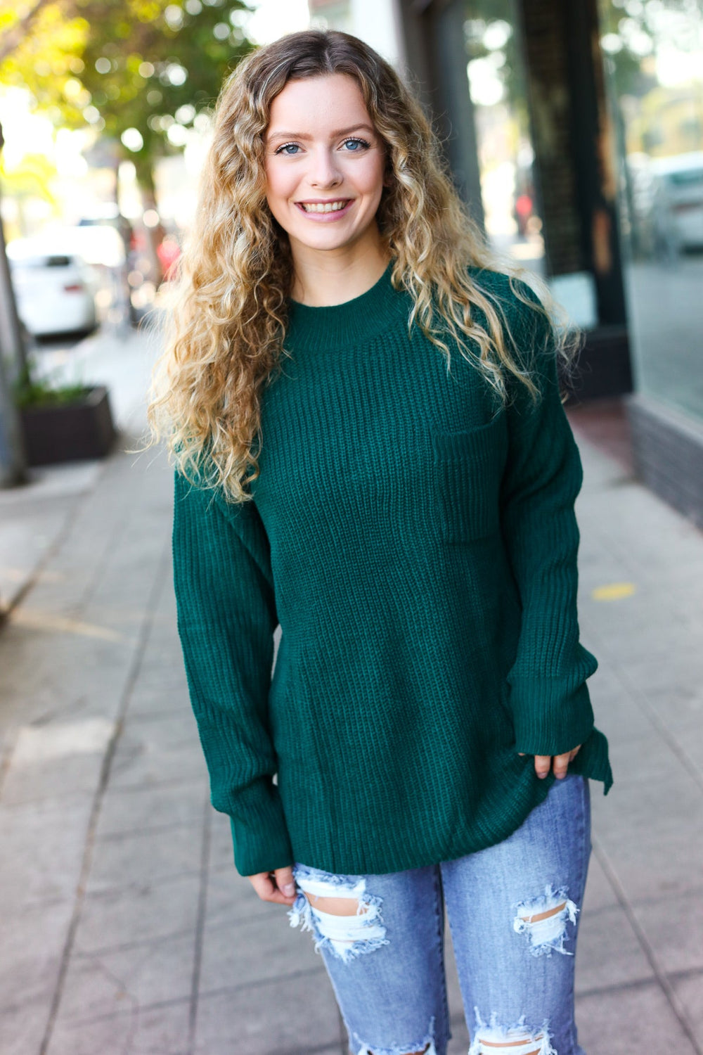 Classy Chic Hunter Green Mock Neck Chest Pocket Knit Sweater-Inspired by Justeen-Women's Clothing Boutique