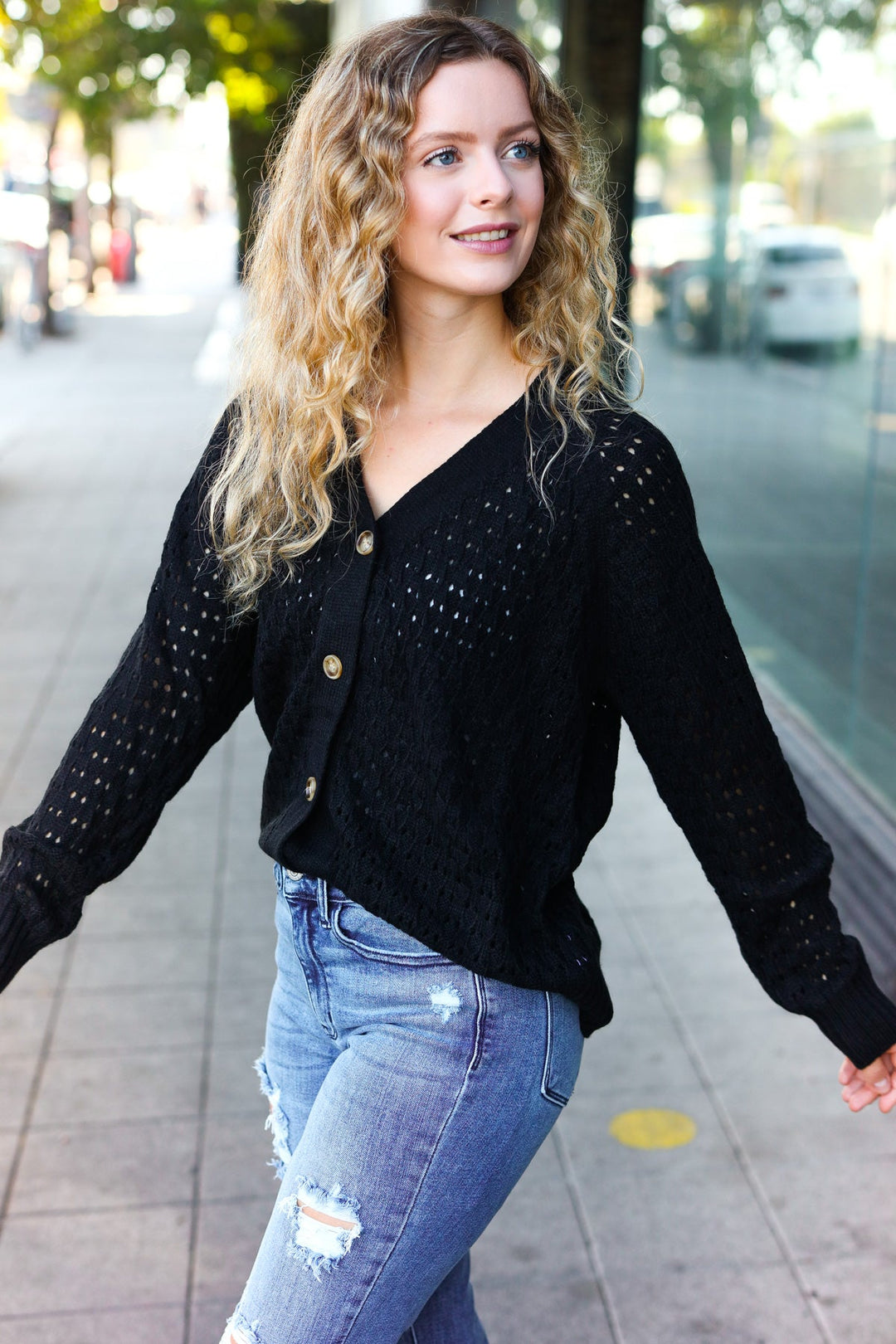 Follow Me Black Pointelle Knit Button Down Cardigan-Inspired by Justeen-Women's Clothing Boutique