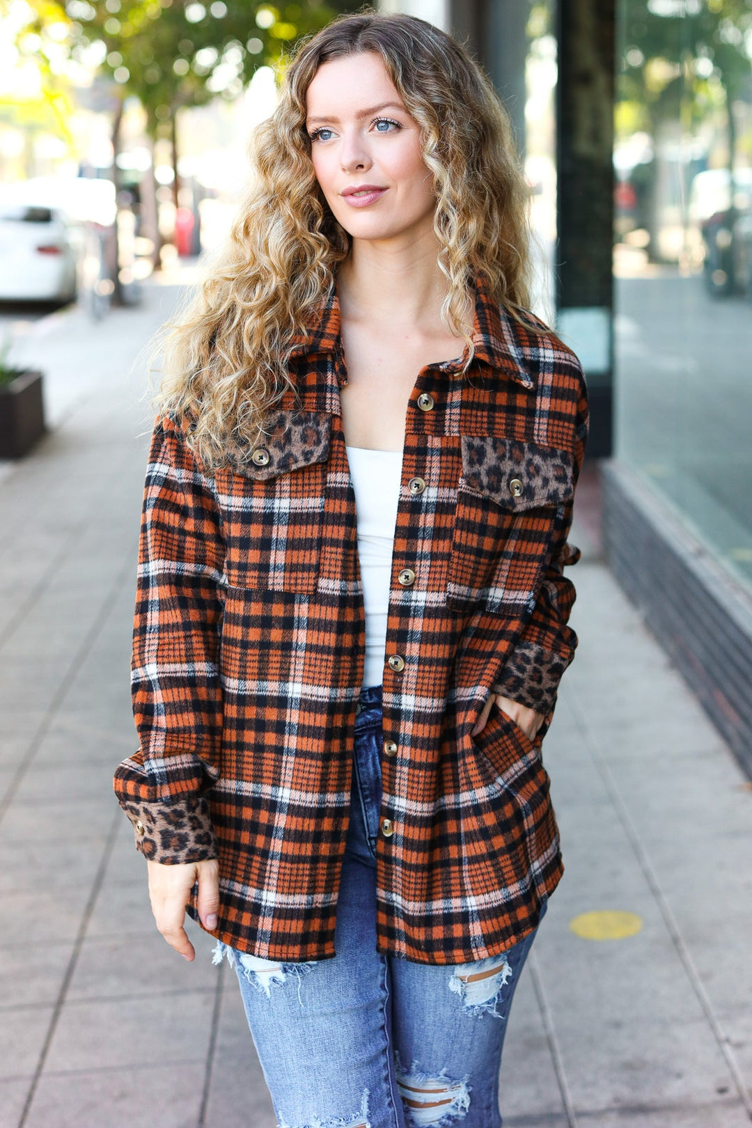 Put Together Rust Plaid & Animal Print Button Down Jacket-Inspired by Justeen-Women's Clothing Boutique