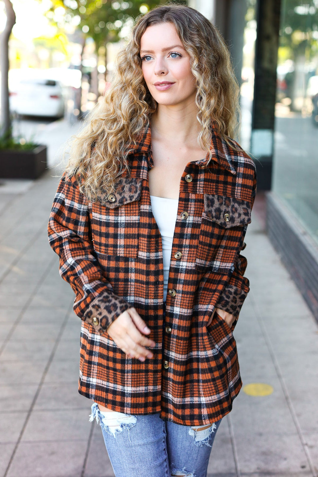 Put Together Rust Plaid & Animal Print Button Down Jacket-Inspired by Justeen-Women's Clothing Boutique