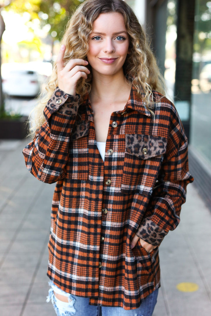 Put Together Rust Plaid & Animal Print Button Down Jacket-Inspired by Justeen-Women's Clothing Boutique