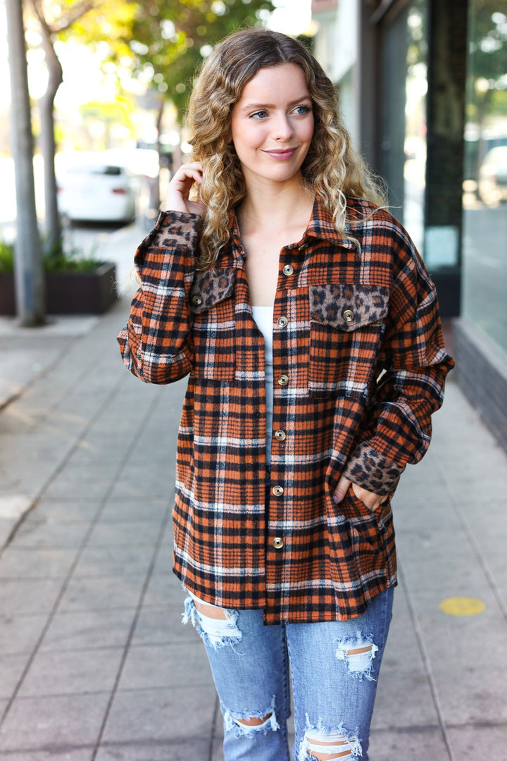 Put Together Rust Plaid & Animal Print Button Down Jacket-Inspired by Justeen-Women's Clothing Boutique