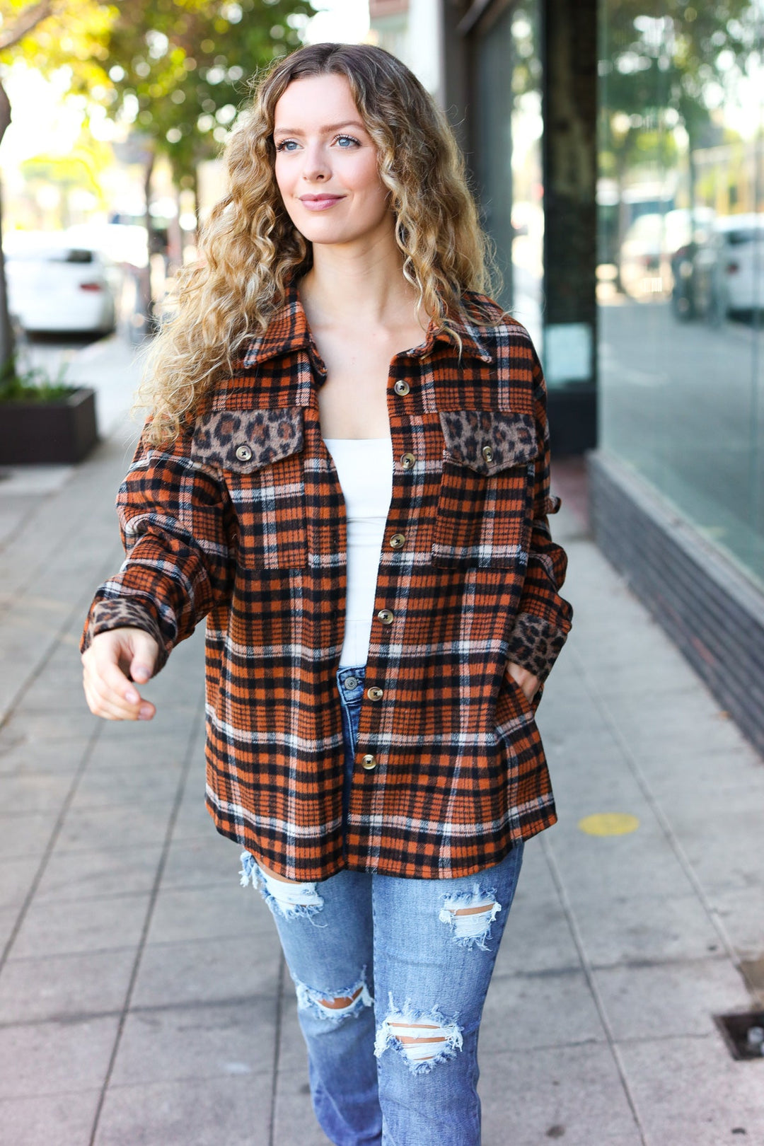 Put Together Rust Plaid & Animal Print Button Down Jacket-Inspired by Justeen-Women's Clothing Boutique