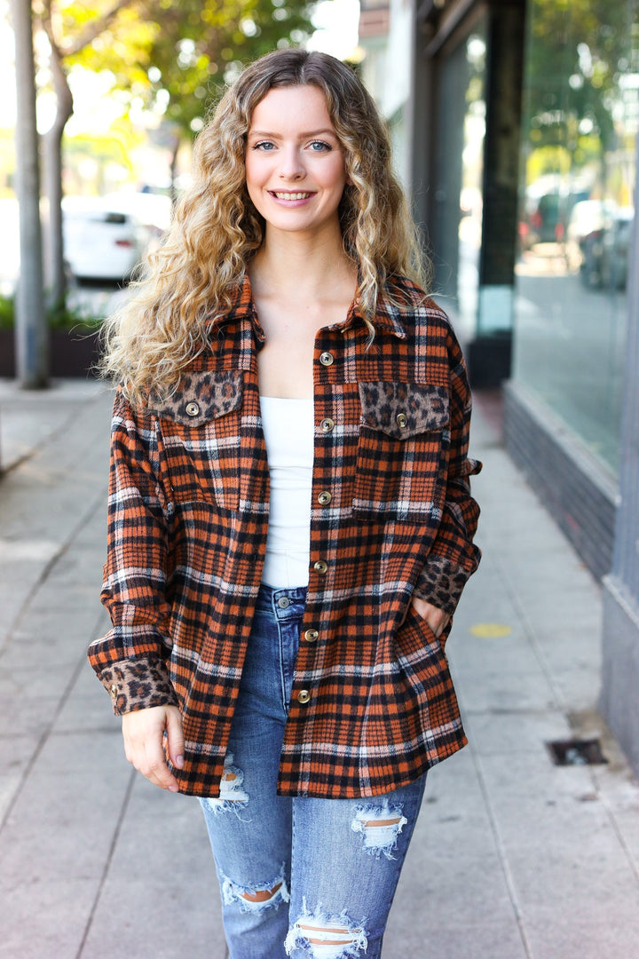 Put Together Rust Plaid & Animal Print Button Down Jacket-Inspired by Justeen-Women's Clothing Boutique