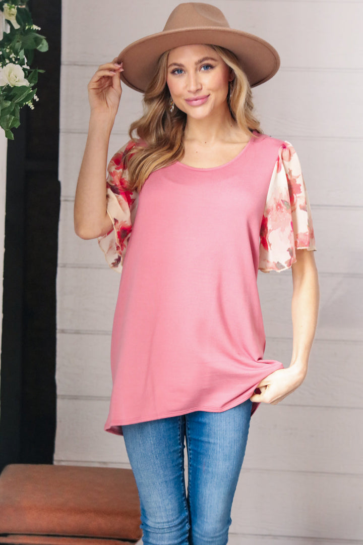 Mauve Rib Floral Chiffon Flutter Sleeve Knit Top-Inspired by Justeen-Women's Clothing Boutique