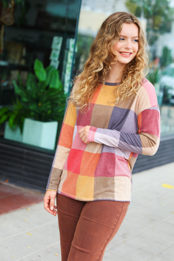 Gorgeous In Rust Checker Plaid French Terry Top-Inspired by Justeen-Women's Clothing Boutique in Chicago, Illinois